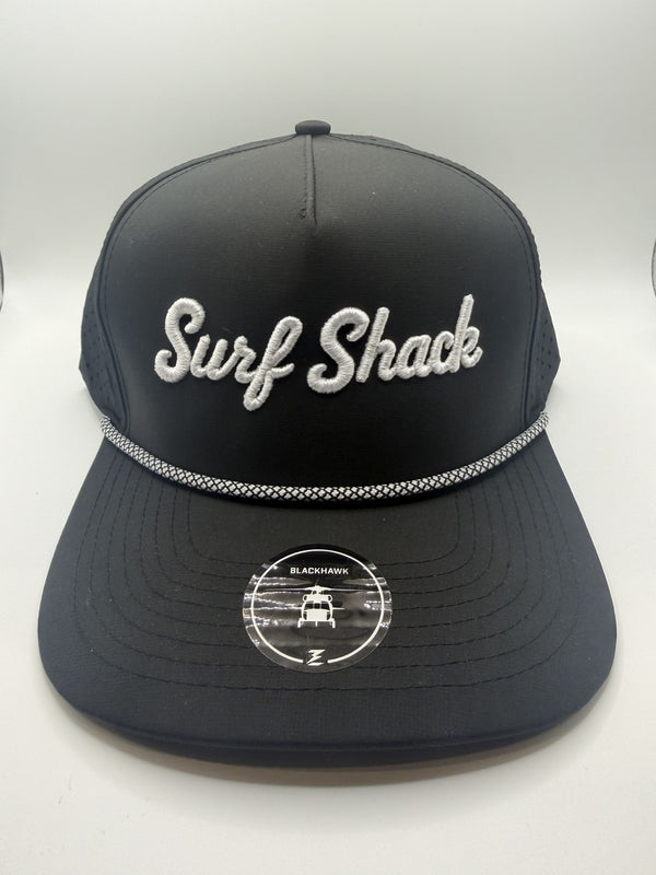 Surf Shack Hat, Black, white script, black/white rope