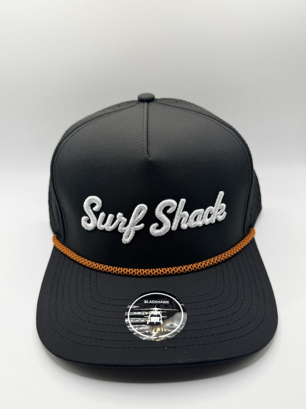 Surf Shack Hat, Black, white script, orange rope