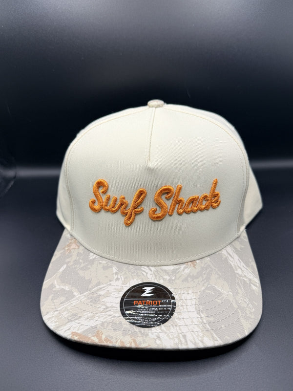 Surf Shack Hat, Cream, palm-camo brim, burnt orange script