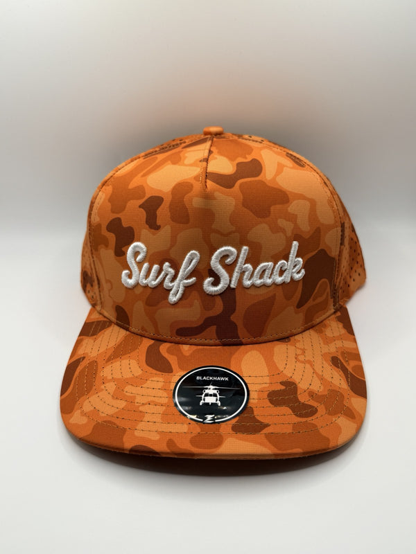 Surf Shack Hat, Orange camo, white script