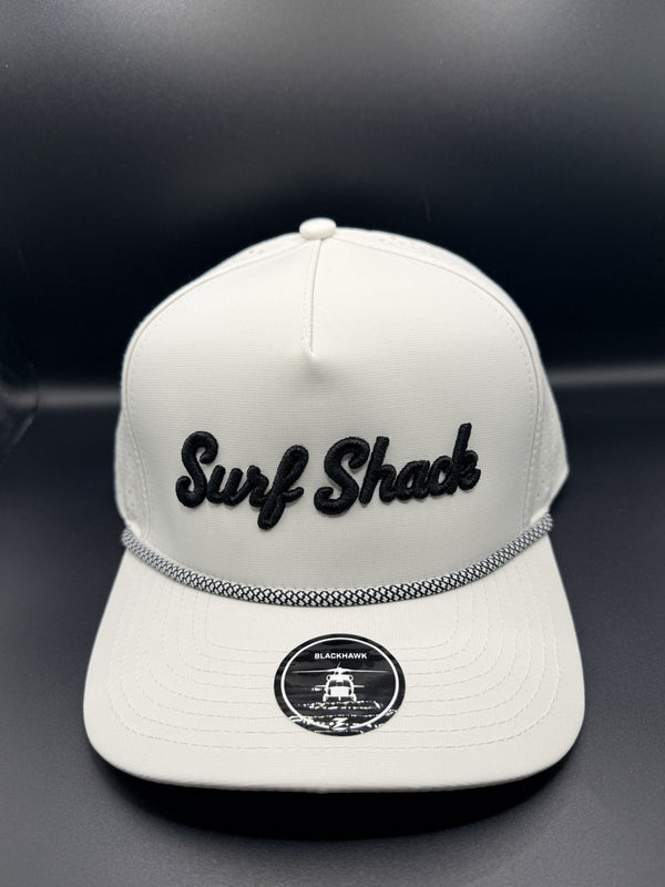Surf Shack Hat, White, black script, black/white rope