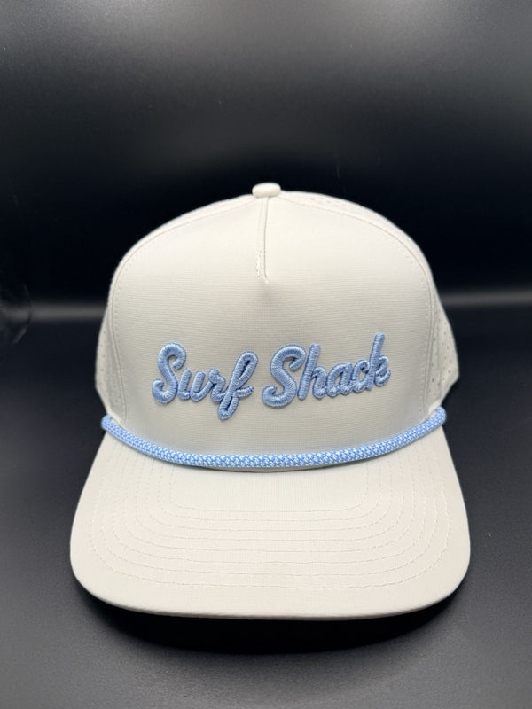Surf Shack Hat, White, light blue script, light blue rope