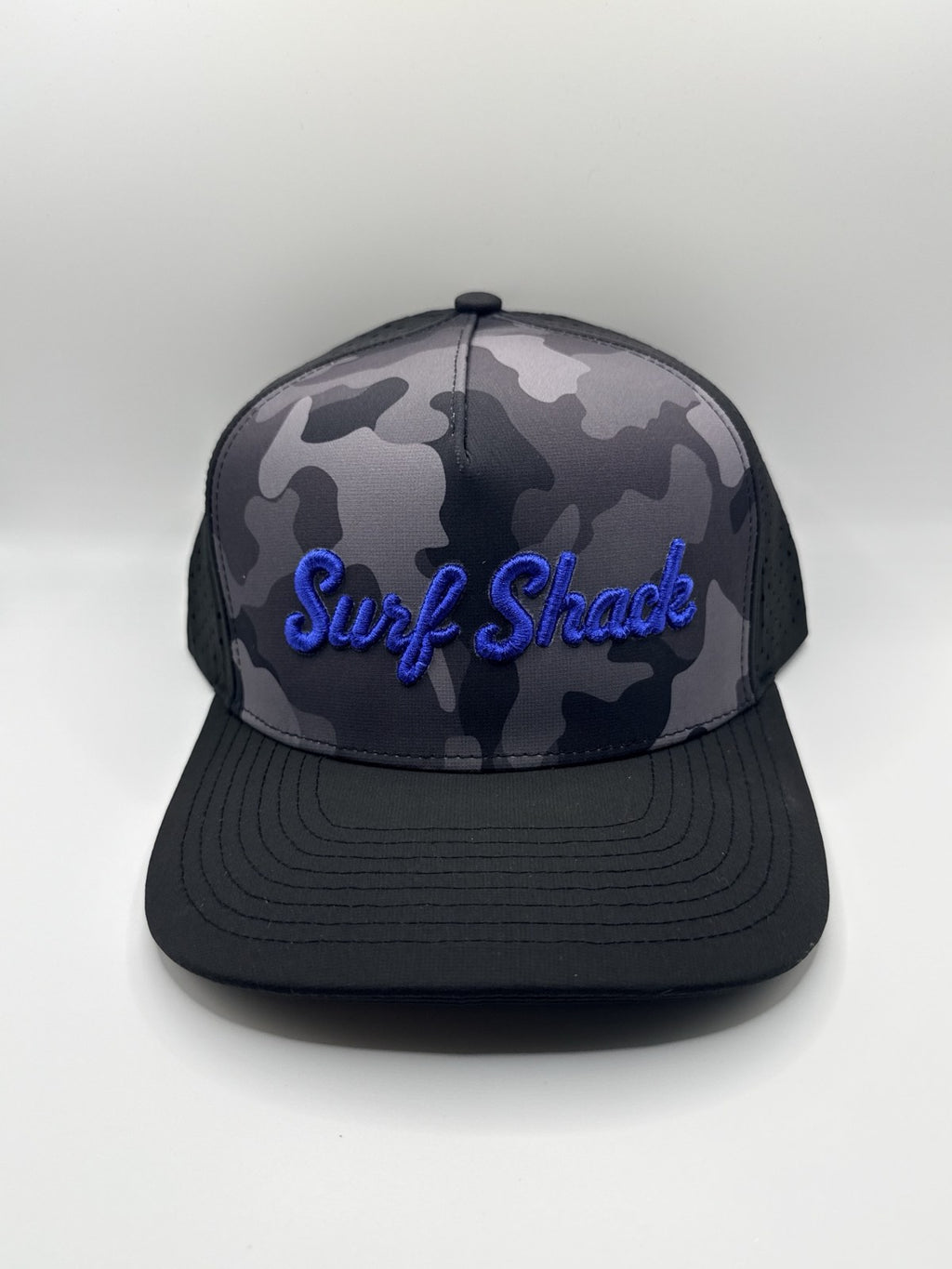 Surf Shack Hat, Black camo, royal script