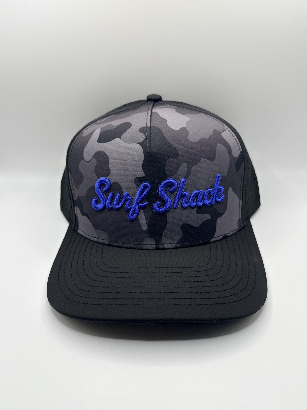 Surf Shack Hat, Black camo, royal script