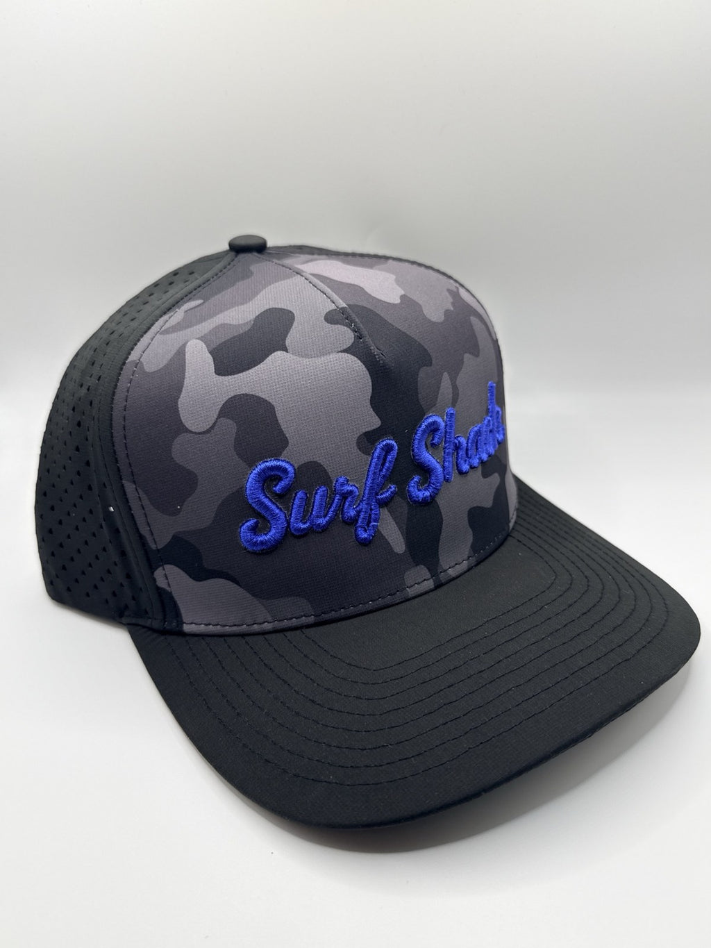 Surf Shack Hat, Black camo, royal script