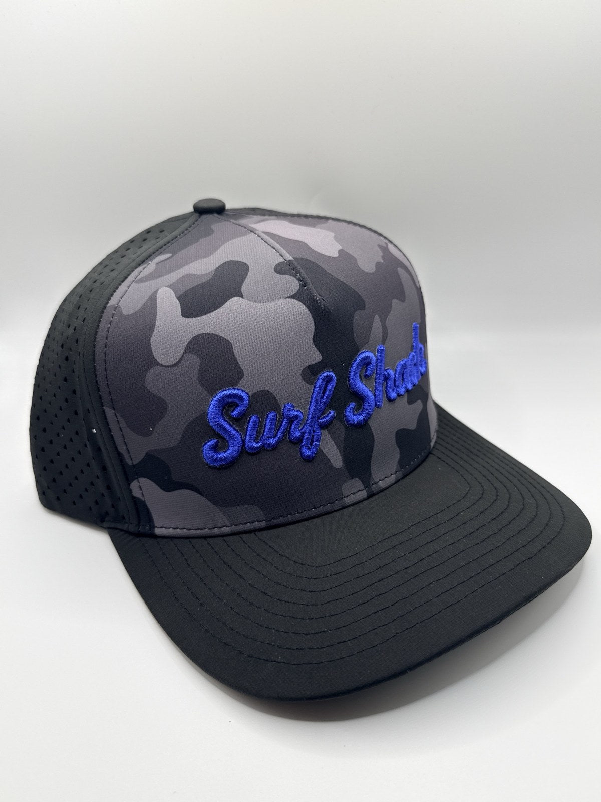 Surf Shack Hat, Black camo, royal script