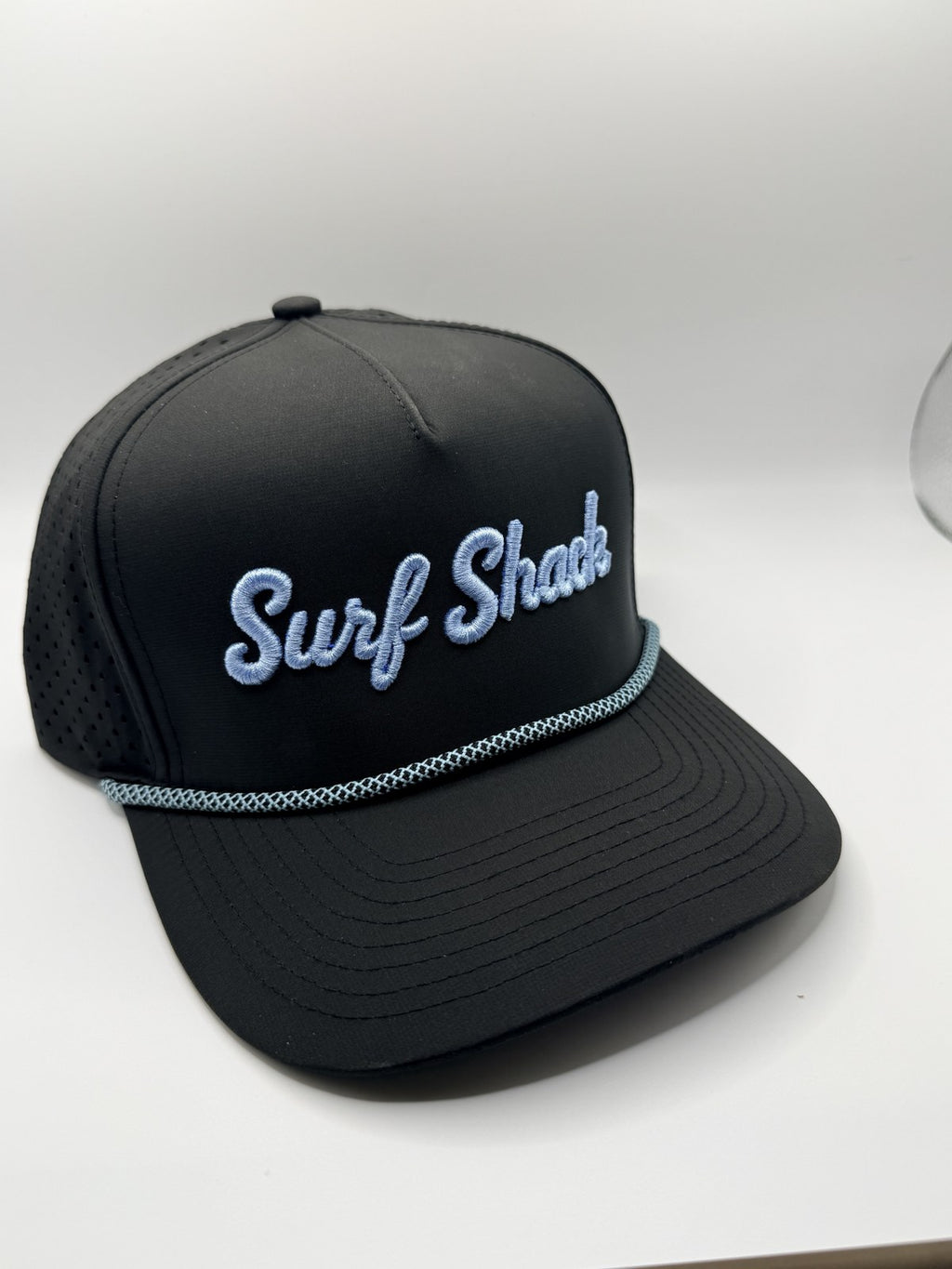 Surf Shack Hat, Black, light blue script, light blue rope