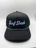 Surf Shack Hat, Black, light blue script, light blue rope