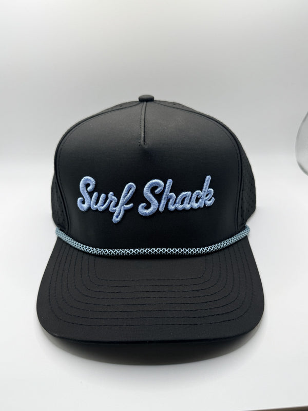 Surf Shack Hat, Black, light blue script, light blue rope
