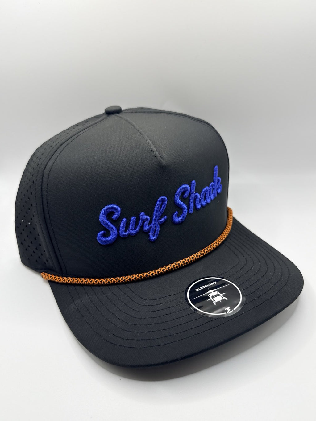 Surf Shack Hat, Black, royal script, orange rope