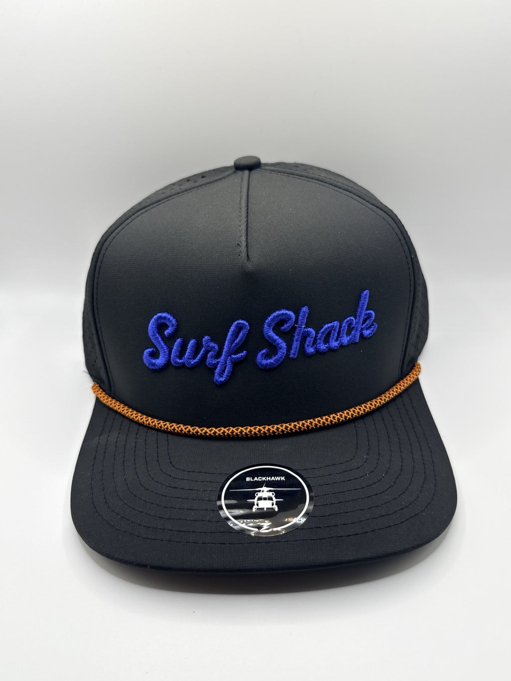 Surf Shack Hat, Black, royal script, orange rope