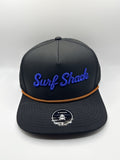Surf Shack Hat, Black, royal script, orange rope