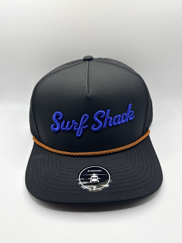 Surf Shack Hat, Black, royal script, orange rope