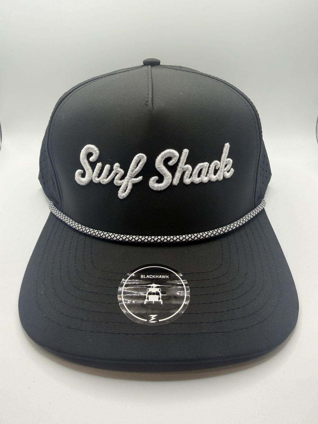 Surf Shack Hat, Black, white script, black/white rope