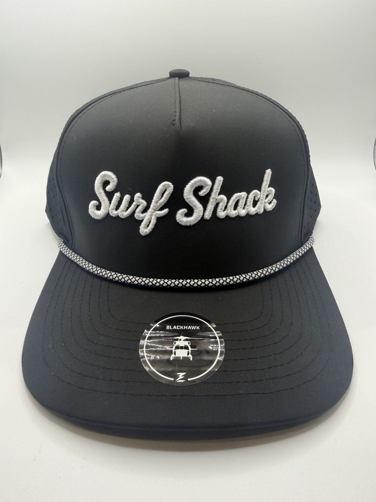 Surf Shack Hat, Black, white script, black/white rope
