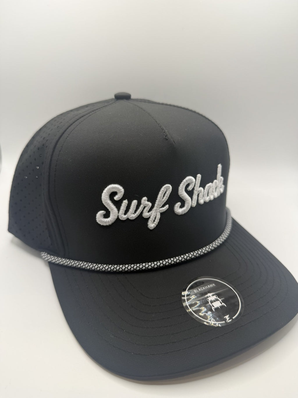 Surf Shack Hat, Black, white script, black/white rope