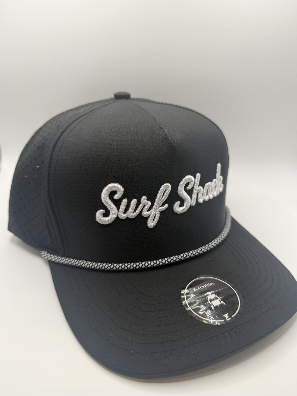 Surf Shack Hat, Black, white script, black/white rope