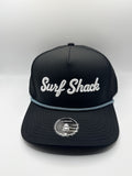Surf Shack Hat, Black, white script, light blue rope