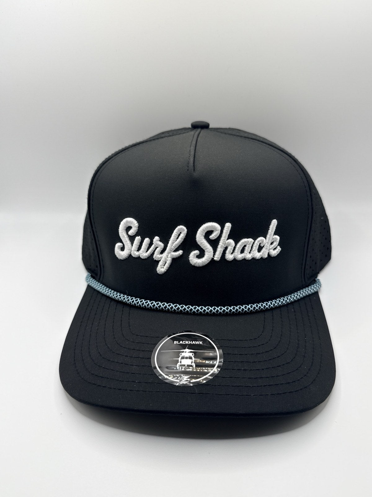 Surf Shack Hat, Black, white script, light blue rope