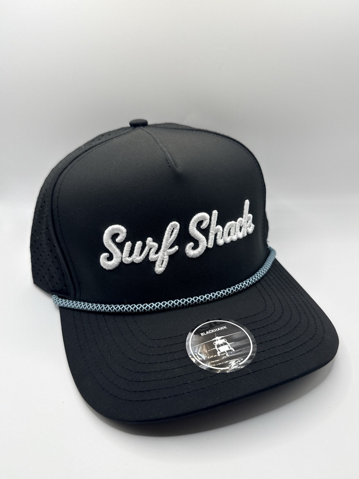 Surf Shack Hat, Black, white script, light blue rope