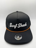 Surf Shack Hat, Black, white script, orange rope