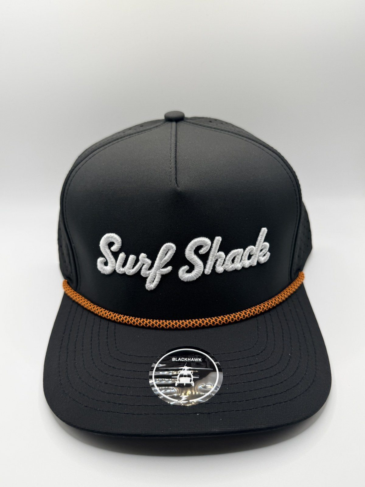 Surf Shack Hat, Black, white script, orange rope