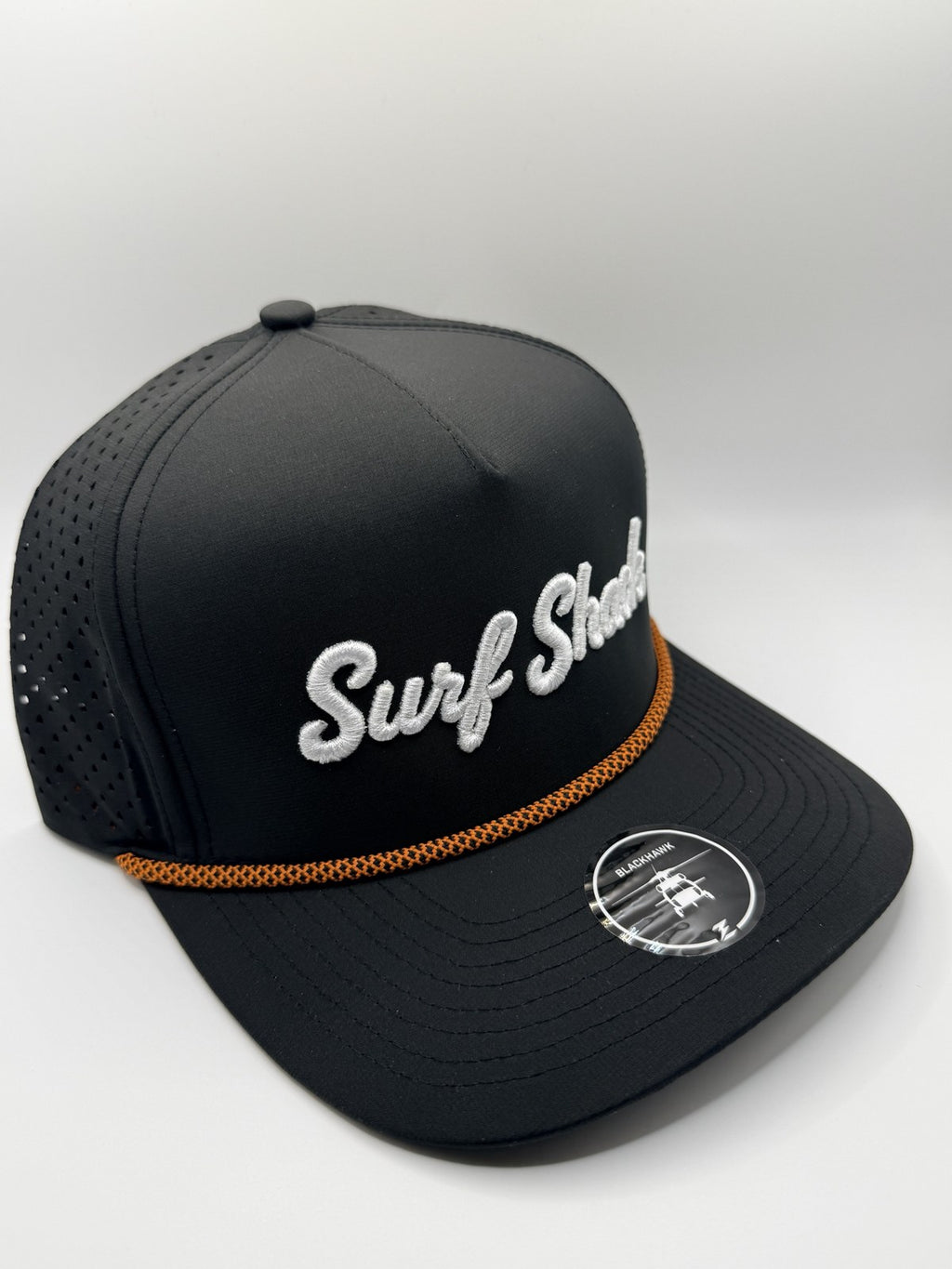 Surf Shack Hat, Black, white script, orange rope