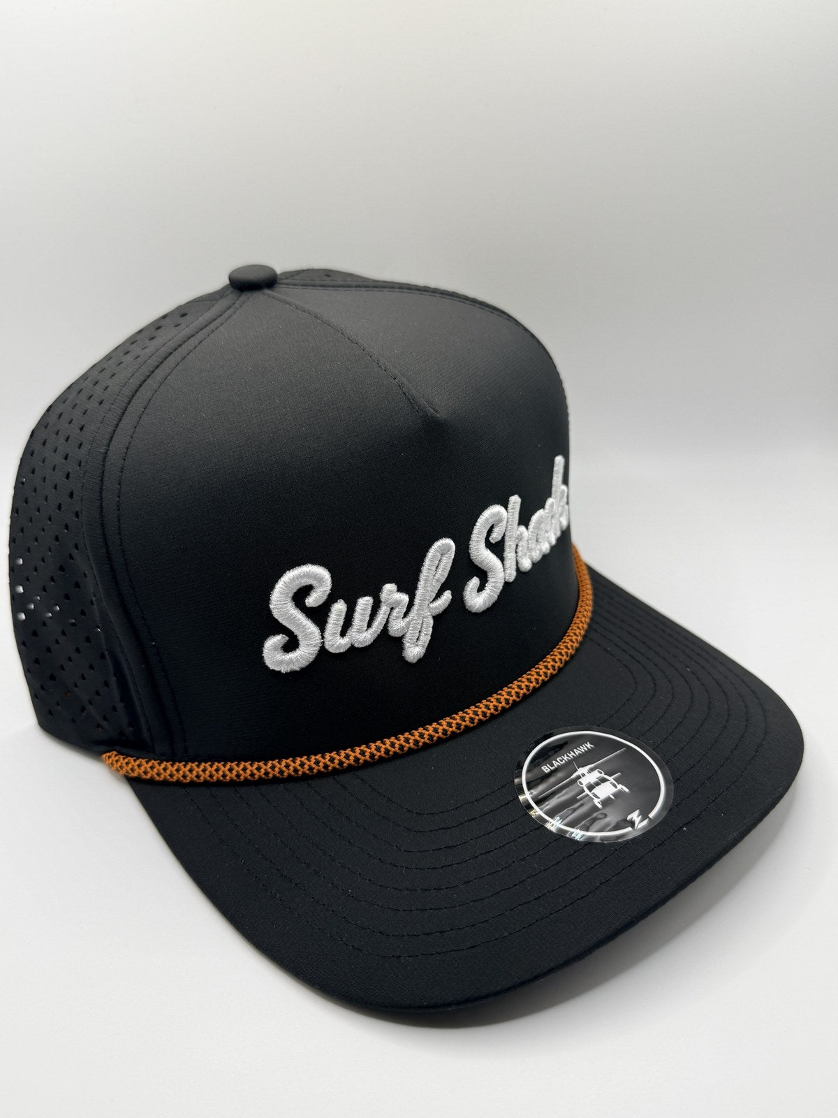 Surf Shack Hat, Black, white script, orange rope