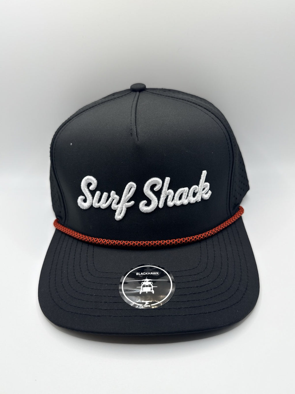 Surf Shack Hat, Black, white script, red rope
