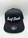 Surf Shack Hat, Black, white script, red rope