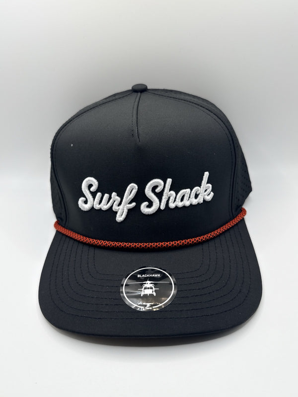 Surf Shack Hat, Black, white script, red rope