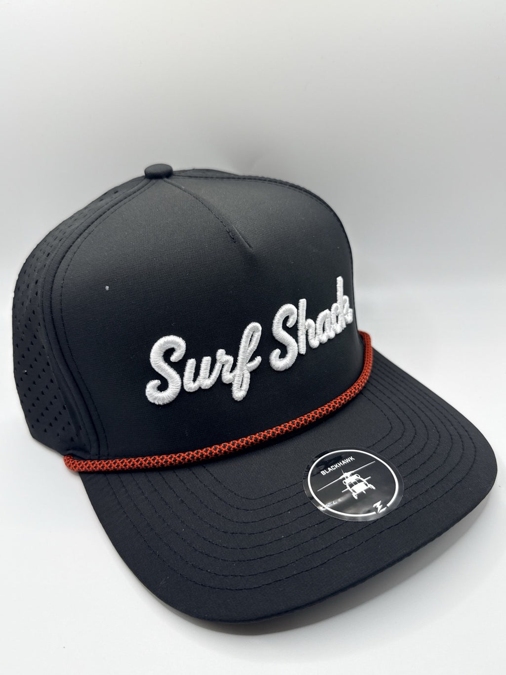 Surf Shack Hat, Black, white script, red rope