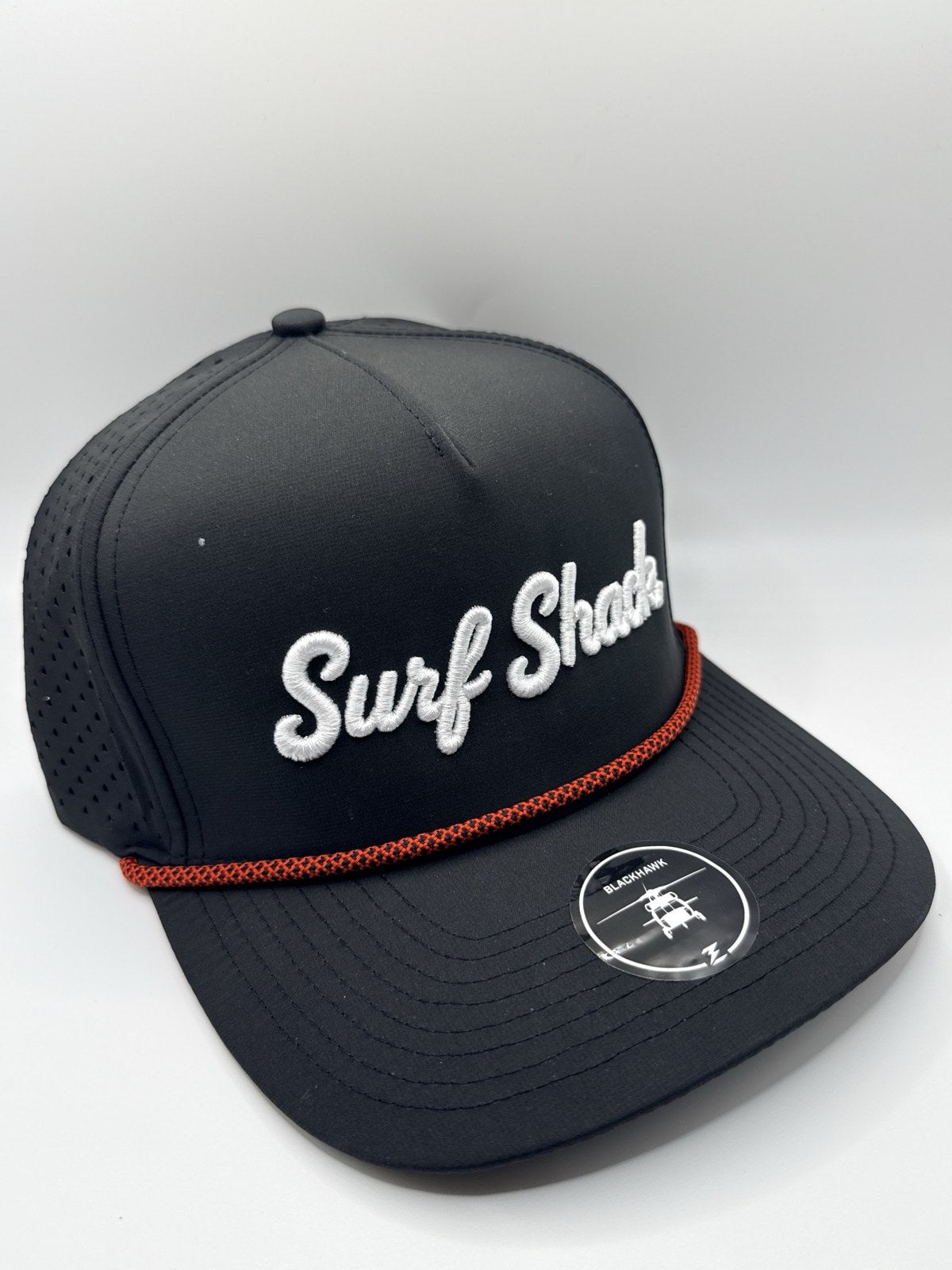 Surf Shack Hat, Black, white script, red rope