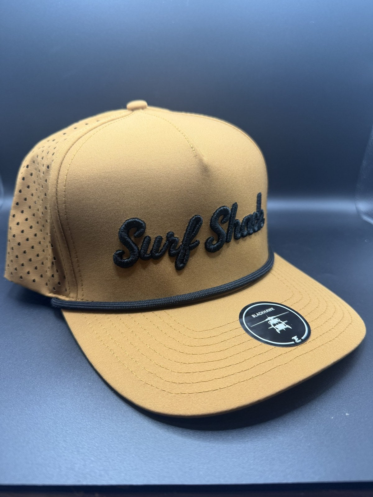 Surf Shack Hat, Caramel, black script, black rope