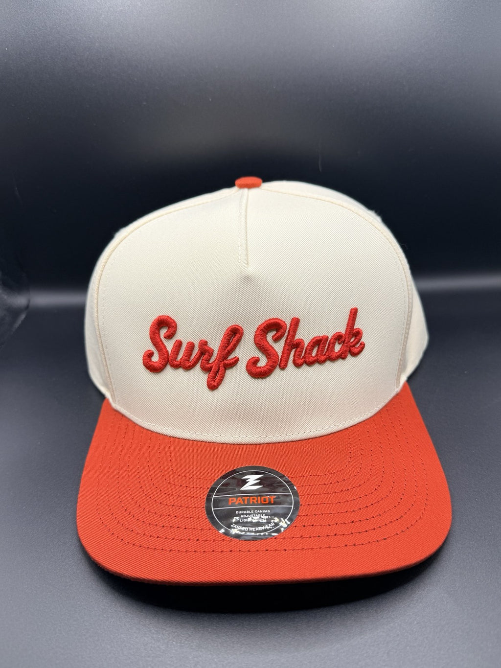 Surf Shack Hat, Cream crown, burnt-red brim, red script