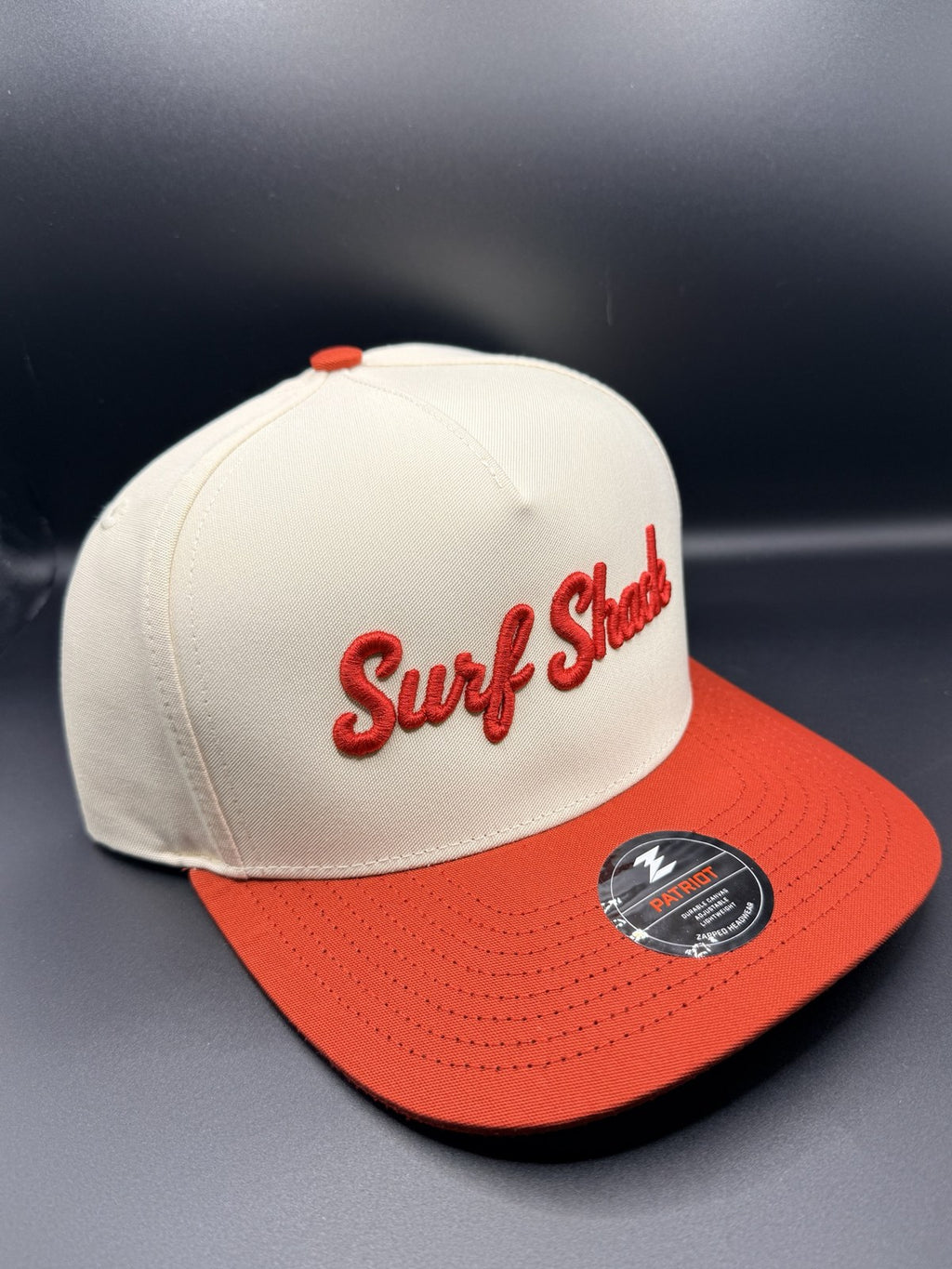 Surf Shack Hat, Cream crown, burnt-red brim, red script