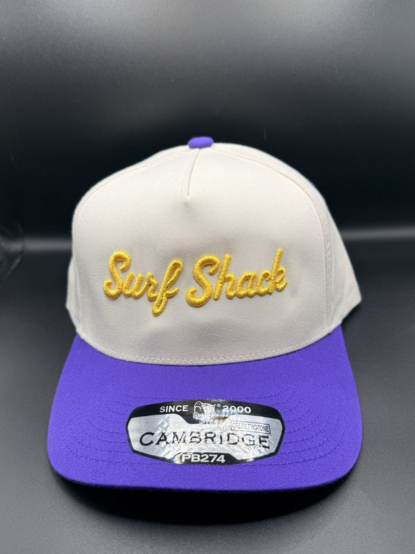 Surf Shack Hat, Cream crown, purple brim, gold script