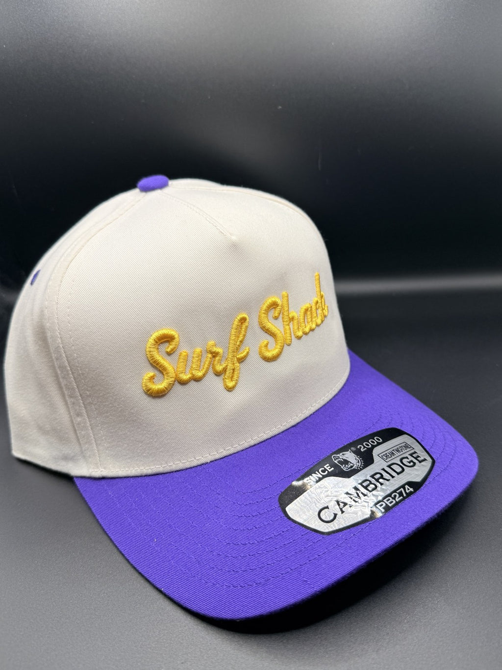 Surf Shack Hat, Cream crown, purple brim, gold script