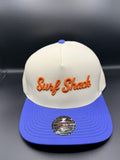 Surf Shack Hat, Cream crown, royal brim, orange script