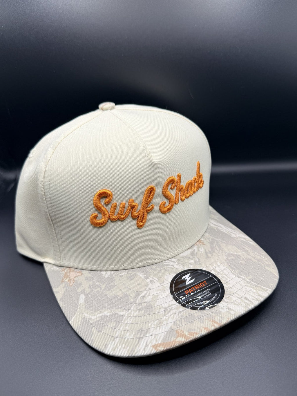 Surf Shack Hat, Cream, palm-camo brim, burnt orange script