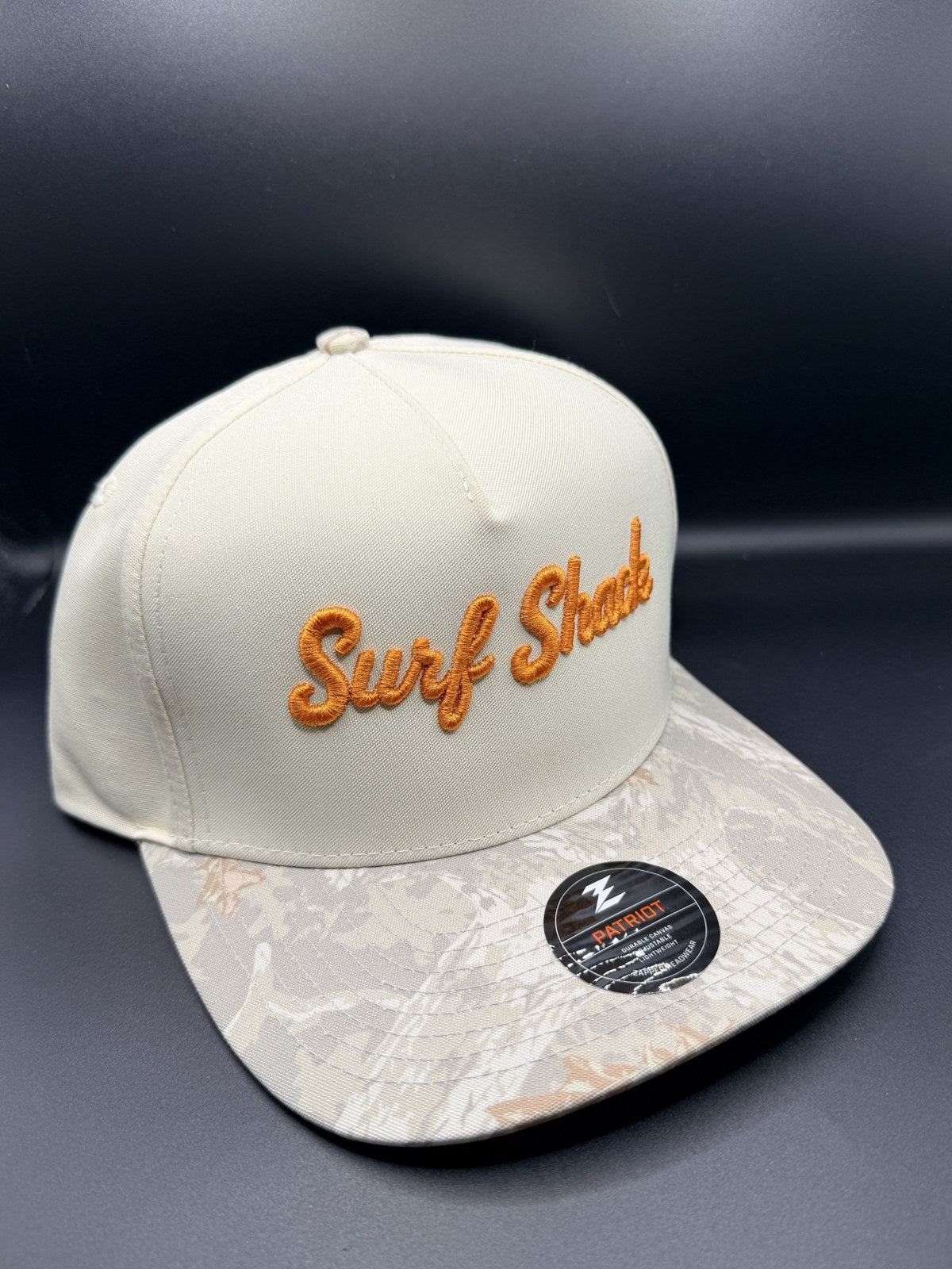 Surf Shack Hat, Cream, palm-camo brim, burnt orange script
