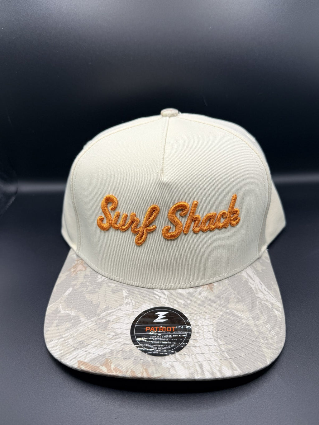 Surf Shack Hat, Cream, palm-camo brim, burnt orange script