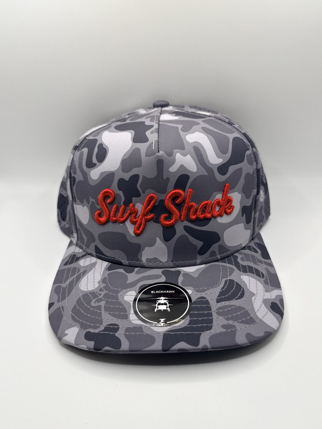Surf Shack Hat, Gray camo, red script