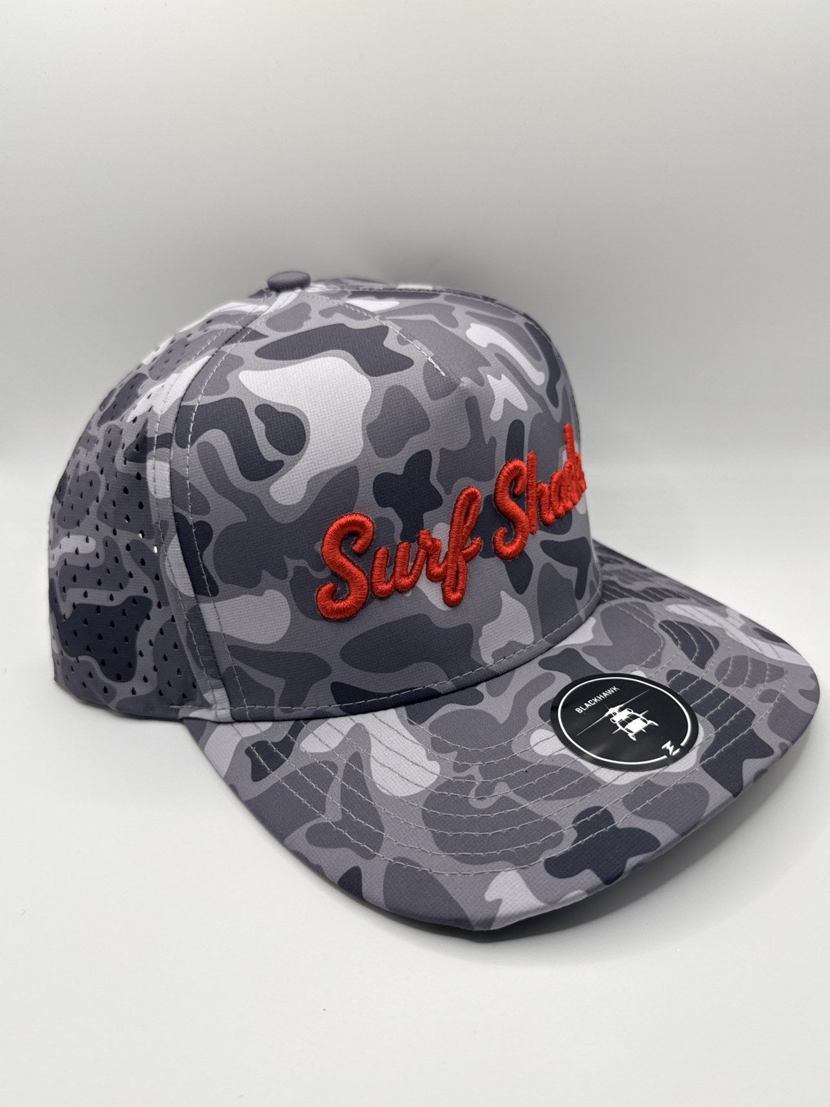 Surf Shack Hat, Gray camo, red script