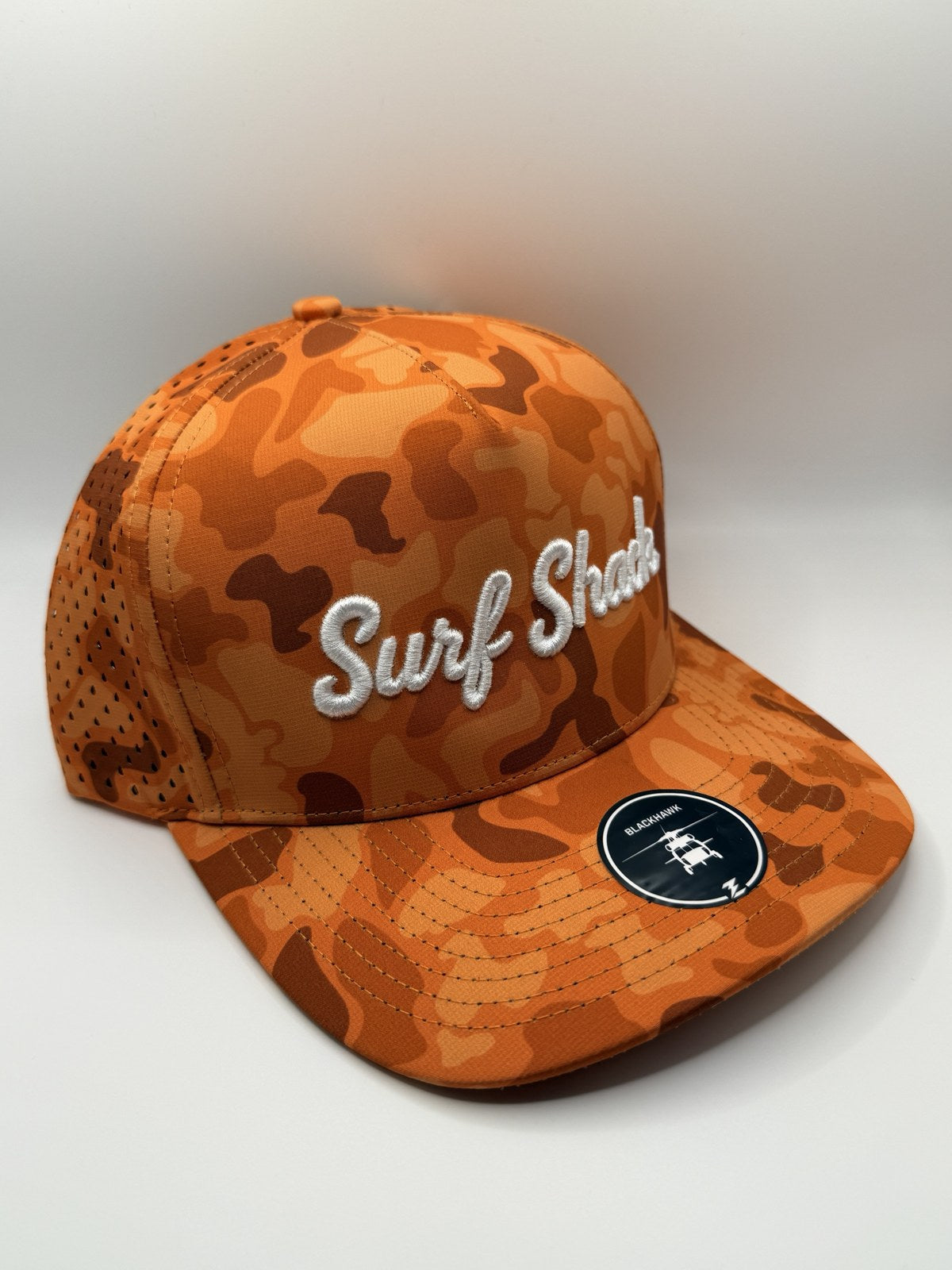 Surf Shack Hat, Orange camo, white script