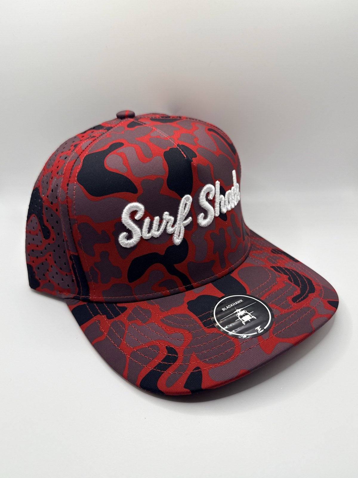 Surf Shack Hat, Red camo, white script