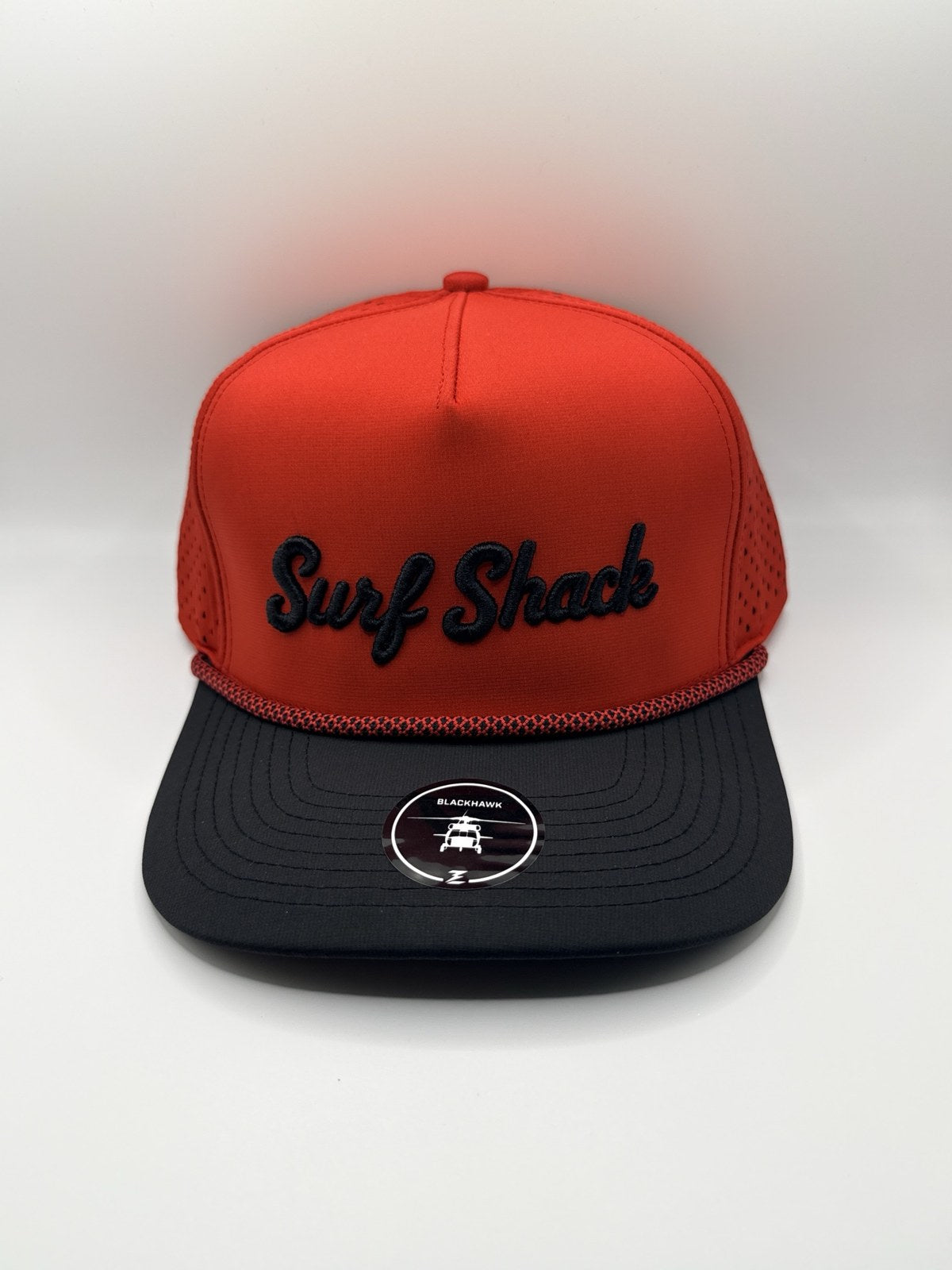 Surf Shack Hat, Red crown, black brim, black script