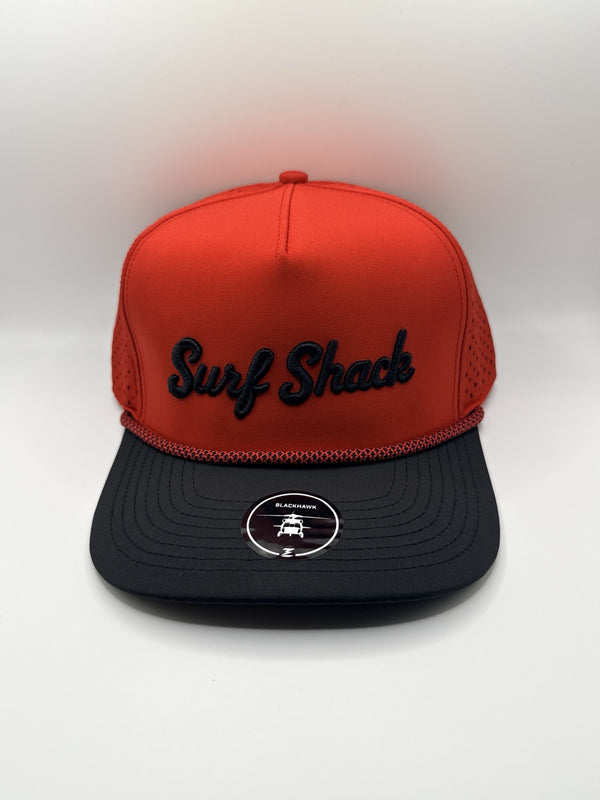 Surf Shack Hat, Red crown, black brim, black script
