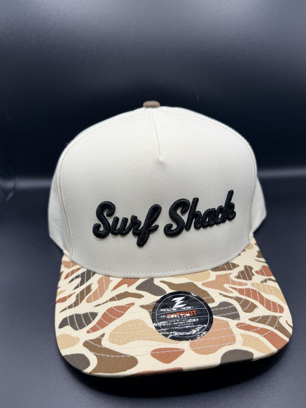 Surf Shack Hat, Tan crown, duck-camo brim, black script
