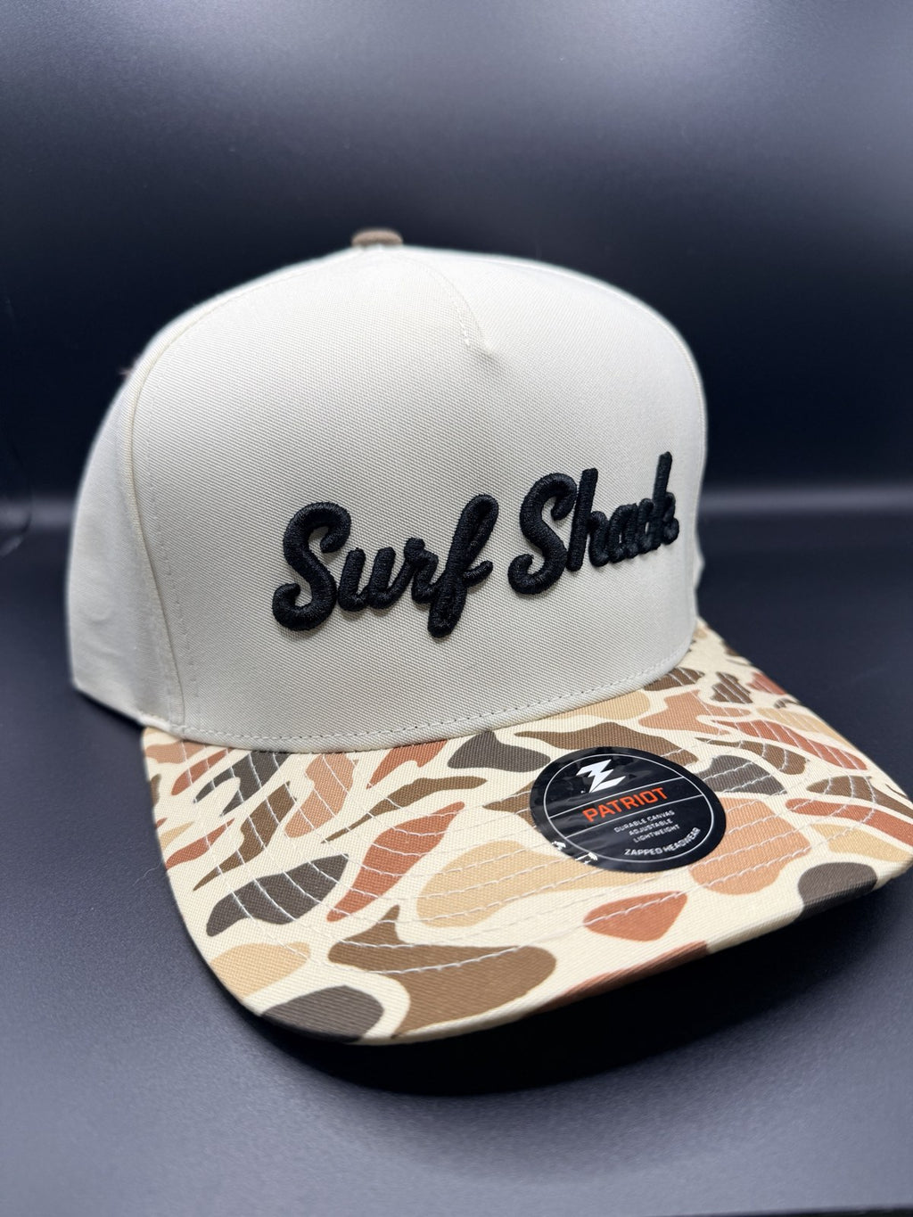 Surf Shack Hat, Tan crown, duck-camo brim, black script